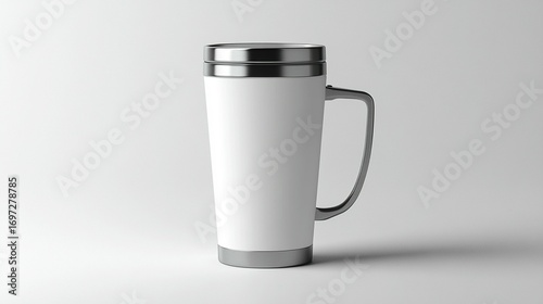 White travel mug with silver accents on a plain white background
