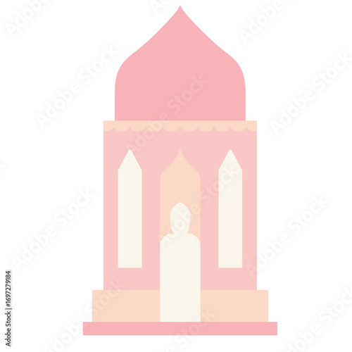 Pink mosque tower with arched windows, stylized Islamic structure perfect for religious or cultural designs.

