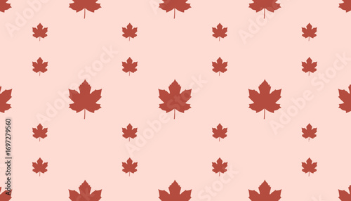 Seamless Pattern of Red Maple Leaves on a Light Pink Background.