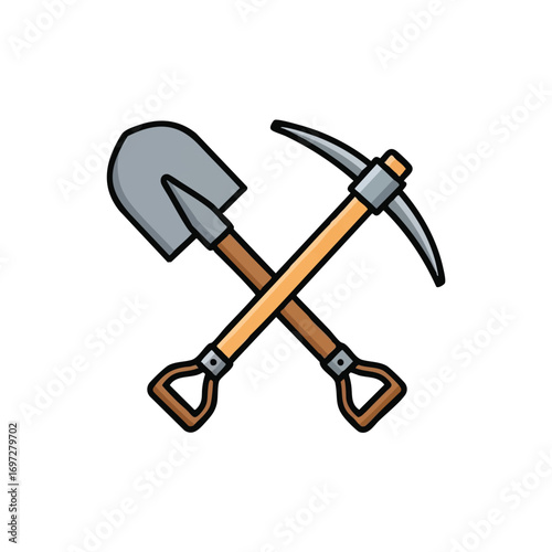 A vibrant cartoon illustration features a crossed shovel and pickaxe, iconic tools symbolizing hard work, construction, mining, and excavation tasks.