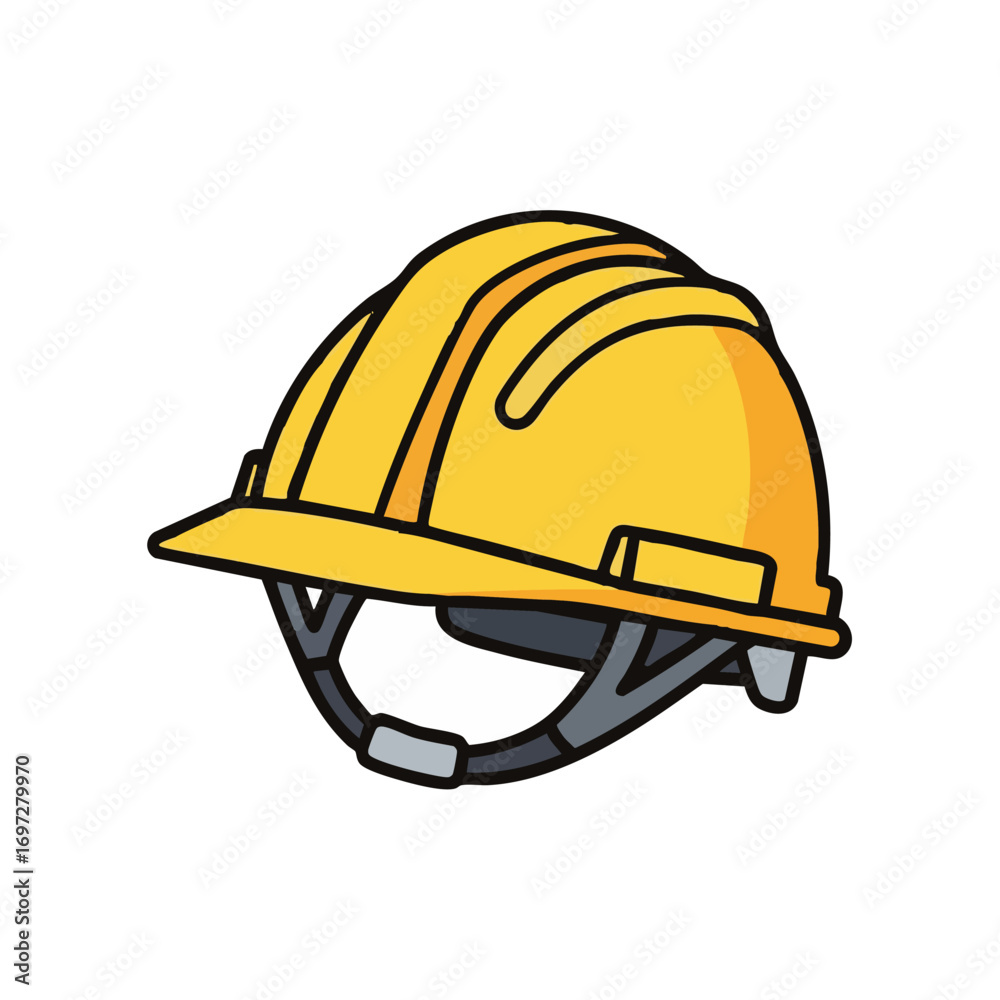 Fototapeta premium A bright yellow cartoon hard hat symbolizes essential head protection and safety protocols for workers in construction and industrial settings.