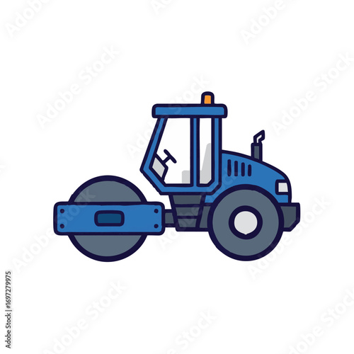 A sturdy blue road roller, an essential heavy construction vehicle, is depicted in a clean, modern flat design illustration, ready for compacting surfaces.