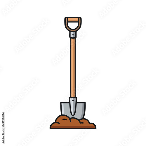 An isolated flat design vector icon features a sturdy garden shovel with a D-handle grip, standing upright in a small heap of brown soil.