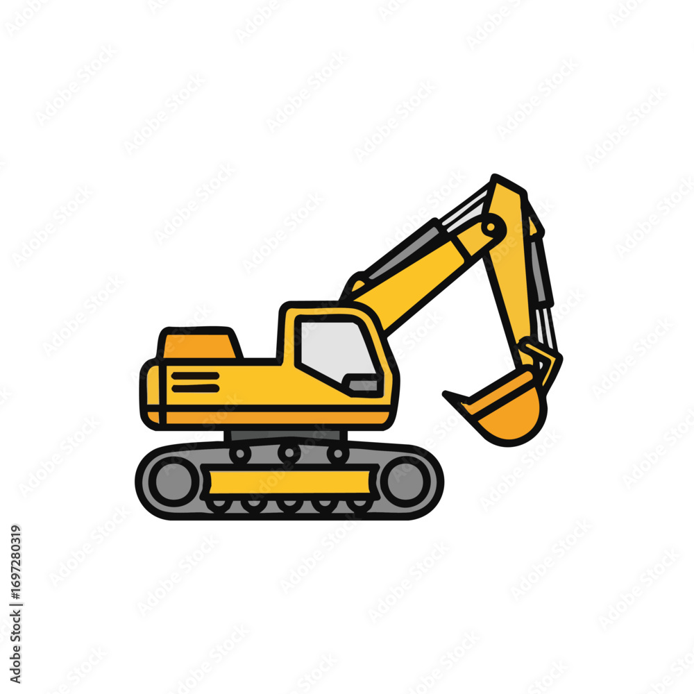 Naklejka premium A vibrant yellow excavator, a robust piece of heavy construction machinery, is clearly illustrated, representing earthmoving, building, and industrial work.