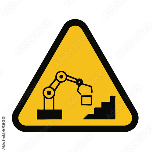 A yellow triangular warning sign depicting a robotic arm lifting a block from a platform, symbolizing automation, workplace hazards, and contemporary manufacturing processes.