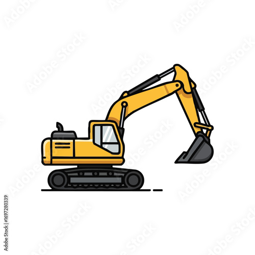 A vibrant yellow excavator, depicted in a modern flat design illustration, stands ready for heavy construction work and earthmoving projects.