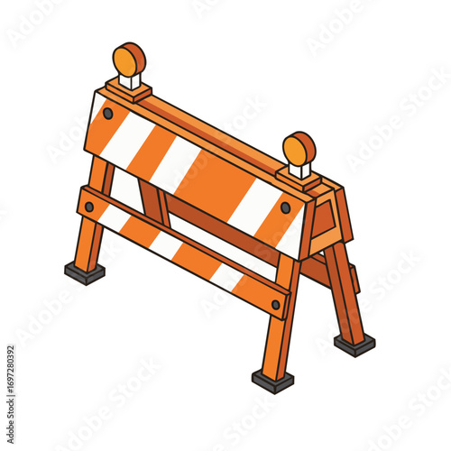 An isometric illustration of a bright orange and white striped construction barrier with two flashing yellow lights, indicating a road closure or hazard ahead.