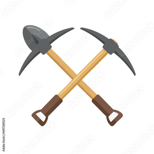 A vibrant vector illustration depicts a crossed shovel and pickaxe, symbolizing diligent hard work, mining, and construction efforts on a white background.