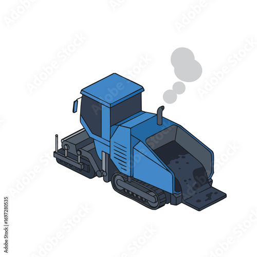 An isometric vector illustration depicts a blue asphalt paver machine actively laying a new road surface, symbolizing modern construction and infrastructure development.