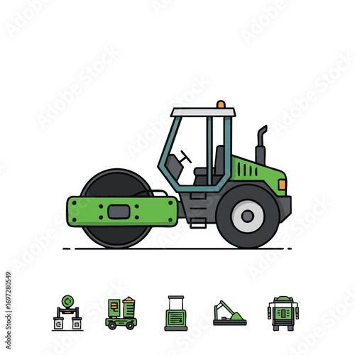 A vibrant green road roller, depicted in a modern flat line art illustration style, signifies heavy construction machinery used for compacting surfaces.