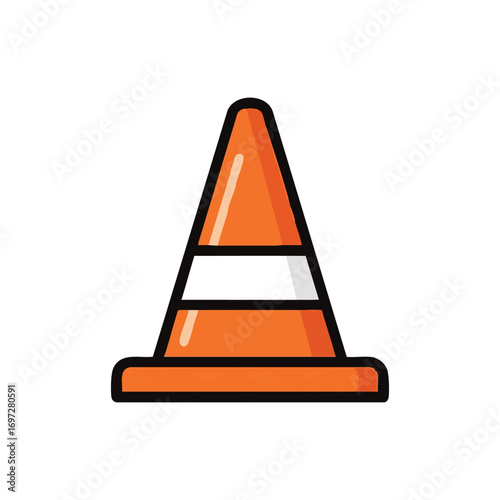 A brightly illustrated orange traffic cone, featuring two prominent white reflective stripes, symbolizes road safety, construction zones, and temporary hazard warnings.