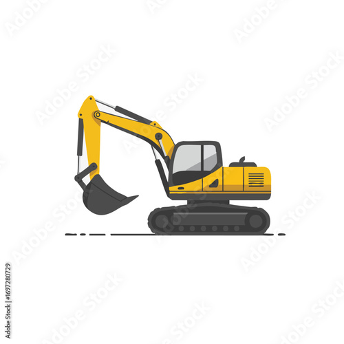 A robust yellow excavator, a powerful heavy equipment machine, stands ready for construction, earthmoving, and digging tasks on a job site.