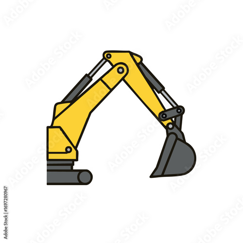 A bright yellow excavator arm with a powerful digging bucket extends forward, symbolizing construction, heavy machinery, and industrial development.