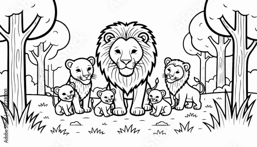A majestic lion stands with his cubs in a forest clearing, surrounded by trees and grass, in a black and white line drawing.