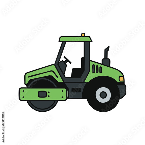 An isolated green road roller vector illustration, showcasing heavy construction equipment used for compacting asphalt and creating smooth, durable road surfaces.