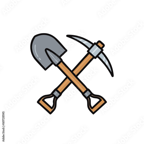This vibrant cartoon illustration features a sturdy shovel and a sharp pickaxe crossed, symbolizing hard work, construction, mining, and gardening efforts.