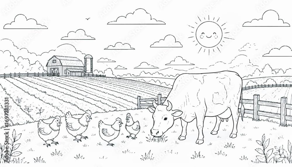 Fototapeta premium A black and white illustration of a farm scene with a cow grazing, chickens, a barn, fields, fence, clouds, and a smiling sun.