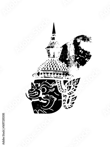 Vector Dramatic Thai Demon Face with Ornate Headdress