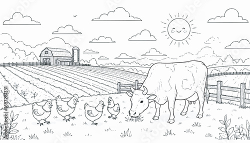 A black and white illustration of a farm scene with a cow grazing, chickens, a barn, fields, fence, clouds, and a smiling sun.