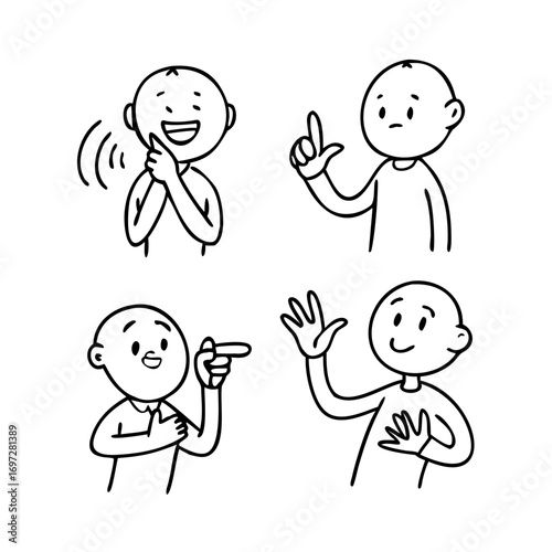Characters with different gestures doodle line cartoon illustration set. Nonverbal communication signs linear vector people collection

