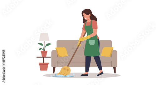 Broom and Water Spill Next to Sofa with Potted Plants in Living Room