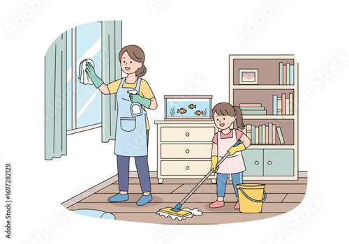 Adobe illustrator artwork vector illustration. A joyful mother vacuums the living room while her young daughter happily rides on the vacuum cleaner. A heartwarming scene of family life