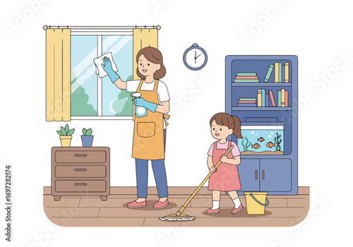 Adobe illustrator artwork vector illustration. A joyful mother vacuums the living room while her young daughter happily rides on the vacuum cleaner. A heartwarming scene of family life