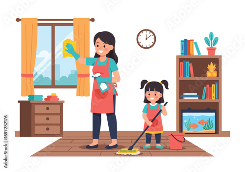 Adobe illustrator artwork vector illustration. A joyful mother vacuums the living room while her young daughter happily rides on the vacuum cleaner. A heartwarming scene of family life