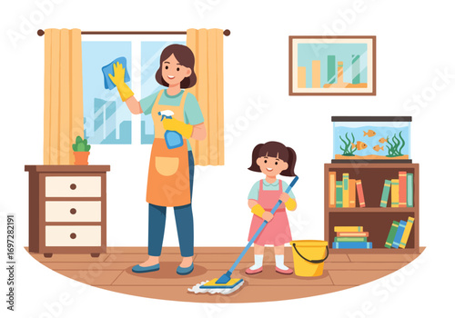 Adobe illustrator artwork vector illustration. A joyful mother vacuums the living room while her young daughter happily rides on the vacuum cleaner. A heartwarming scene of family life