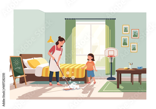 Adobe illustrator artwork vector illustration. A joyful mother vacuums the living room while her young daughter happily rides on the vacuum cleaner. A heartwarming scene of family life