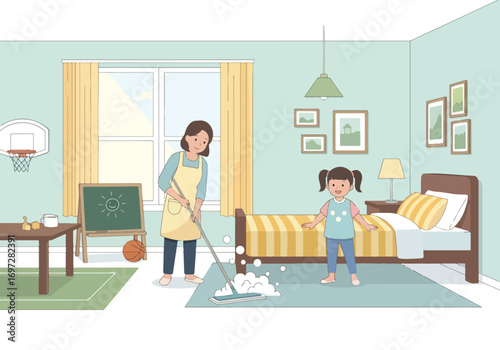 Adobe illustrator artwork vector illustration. A joyful mother vacuums the living room while her young daughter happily rides on the vacuum cleaner. A heartwarming scene of family life