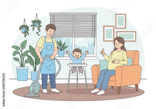 Adobe illustrator artwork vector illustration. A joyful mother vacuums the living room while her young daughter happily rides on the vacuum cleaner. A heartwarming scene of family life