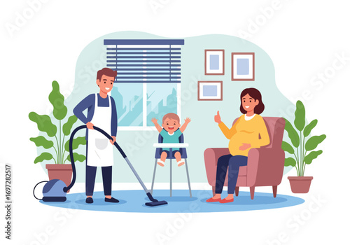 Adobe illustrator artwork vector illustration. A joyful mother vacuums the living room while her young daughter happily rides on the vacuum cleaner. A heartwarming scene of family life