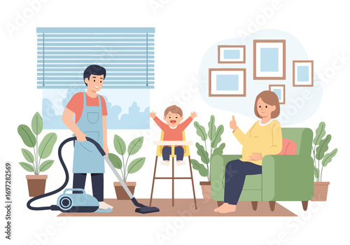 Adobe illustrator artwork vector illustration. A joyful mother vacuums the living room while her young daughter happily rides on the vacuum cleaner. A heartwarming scene of family life