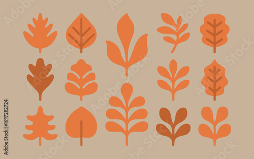 Collection of stylized autumn leaves in warm orange and brown tones