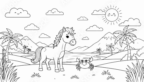 A cartoon horse and crab stand near a lake with palm trees, mountains, and smiling sun and clouds in the background.