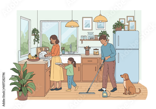 Adobe illustrator artwork vector illustration. A joyful mother vacuums the living room while her young daughter happily rides on the vacuum cleaner. A heartwarming scene of family life