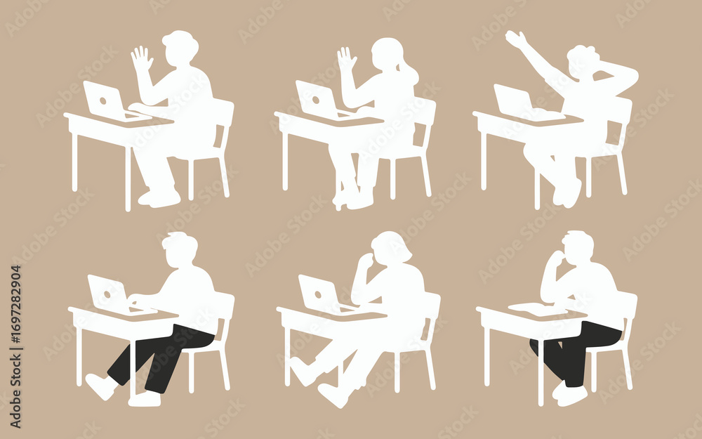 Fototapeta premium Children learning and studying at desks with laptops in a classroom setting