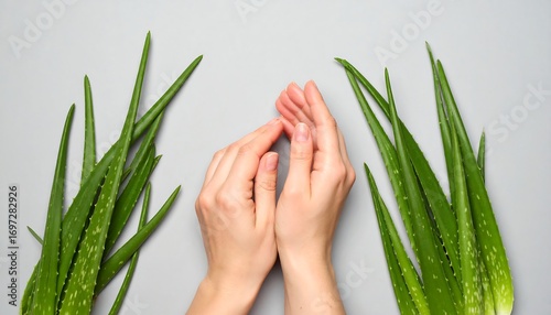 Hands cradling aloe vera leaves on a gray background