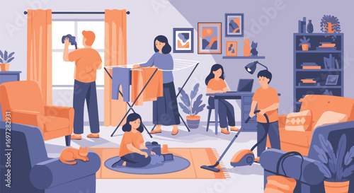 Adobe illustrator artwork vector illustration. A family-parents, children, and a cat-works together in a modern kitchen. A warm scene of shared chores, family bonding, and a happy home
