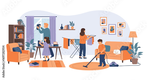 Adobe illustrator artwork vector illustration. A family-parents, children, and a cat-works together in a modern kitchen. A warm scene of shared chores, family bonding, and a happy home