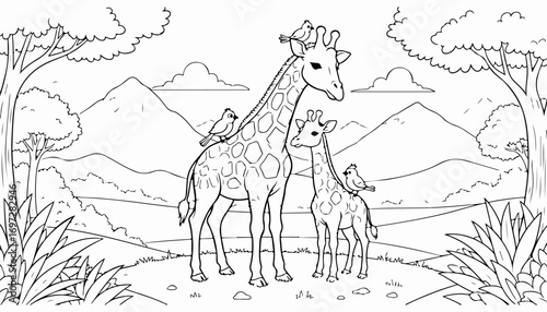 A line art illustration depicting an adult giraffe and a baby giraffe standing together in a landscape with trees, mountains, and birds.