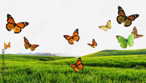 Expansive field of colorful butterflies fluttering over grassland with ample copy space for text on white background
