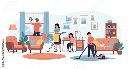 Adobe illustrator artwork vector illustration. A family-parents, children, and a cat-works together in a modern kitchen. A warm scene of shared chores, family bonding, and a happy home