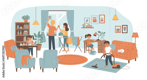 Adobe illustrator artwork vector illustration. A family-parents, children, and a cat-works together in a modern kitchen. A warm scene of shared chores, family bonding, and a happy home