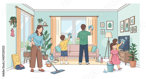 Adobe illustrator artwork vector illustration. A family-parents, children, and a cat-works together in a modern kitchen. A warm scene of shared chores, family bonding, and a happy home