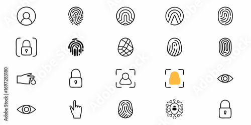 Collection of various security and identification icons including fingerprint scans and facial recognition scans