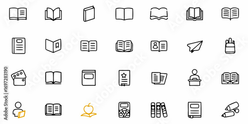 Collection of education related icons featuring books, stationery, and learning symbols in a grid format