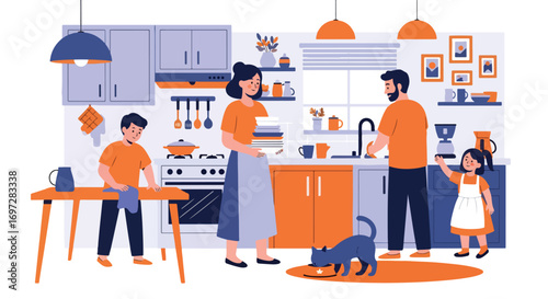 Adobe illustrator artwork vector illustration. A family-parents, children, and a cat-works together in a modern kitchen. A warm scene of shared chores, family bonding, and a happy home