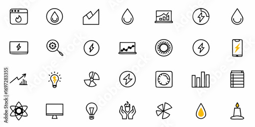 Assorted icons representing energy sources and related concepts in a grid arrangement design style